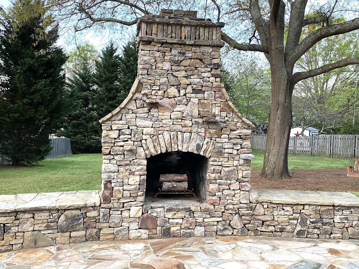 Outdoor stone fireplace